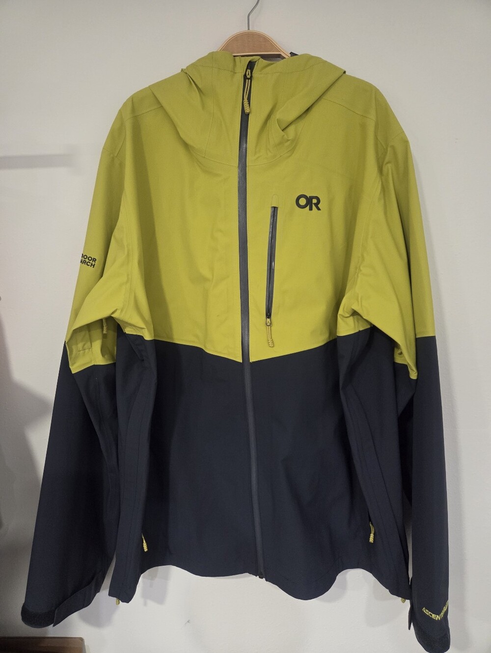 Outdoor Research Two-Tone Waterproof Raincoat in Lime and Charcoal